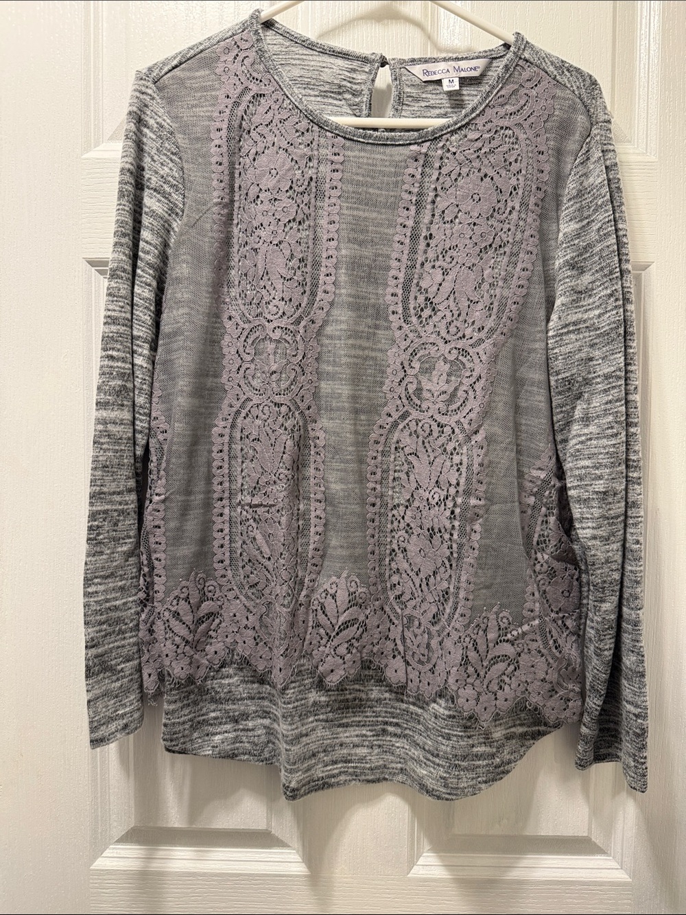 Rebecca Malone Gray Knit Sweater with Lace Front Panels